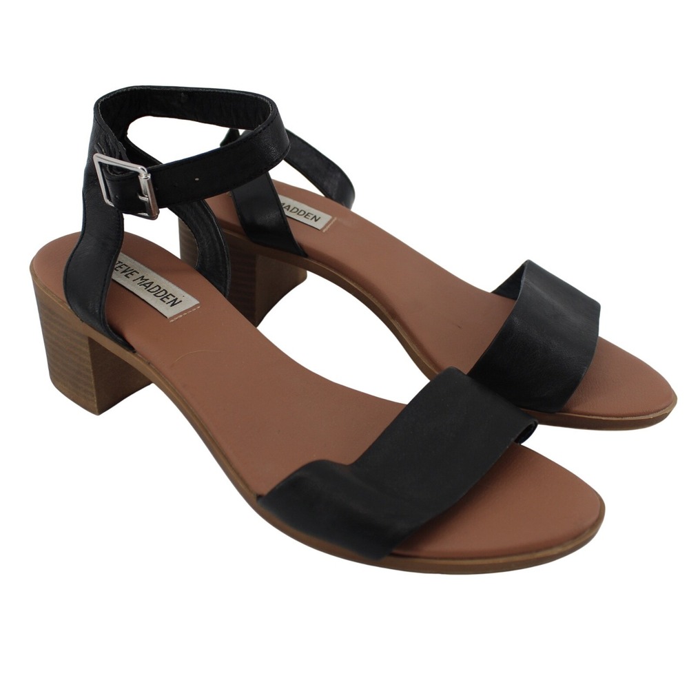 Steve Madden Kemmy Black Leather Ankle Strap Block Heel Sandals Womens 8.5M Chic - Picture 1 of 7